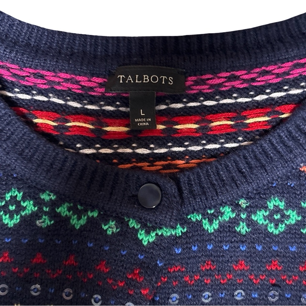 Talbots Fair Isle Navy stripe Lambswool Sequin Cardigan Sweater Cottagecore SZ L - Picture 4 of 5